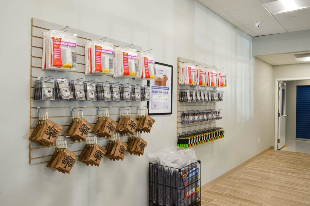 A wall of moving supplies at Atlantic self storage