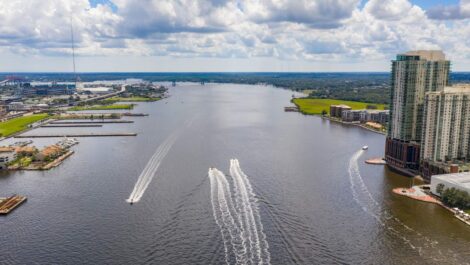 St. John’s River in Jacksonville, FL, on a bright day with fluffy clouds.